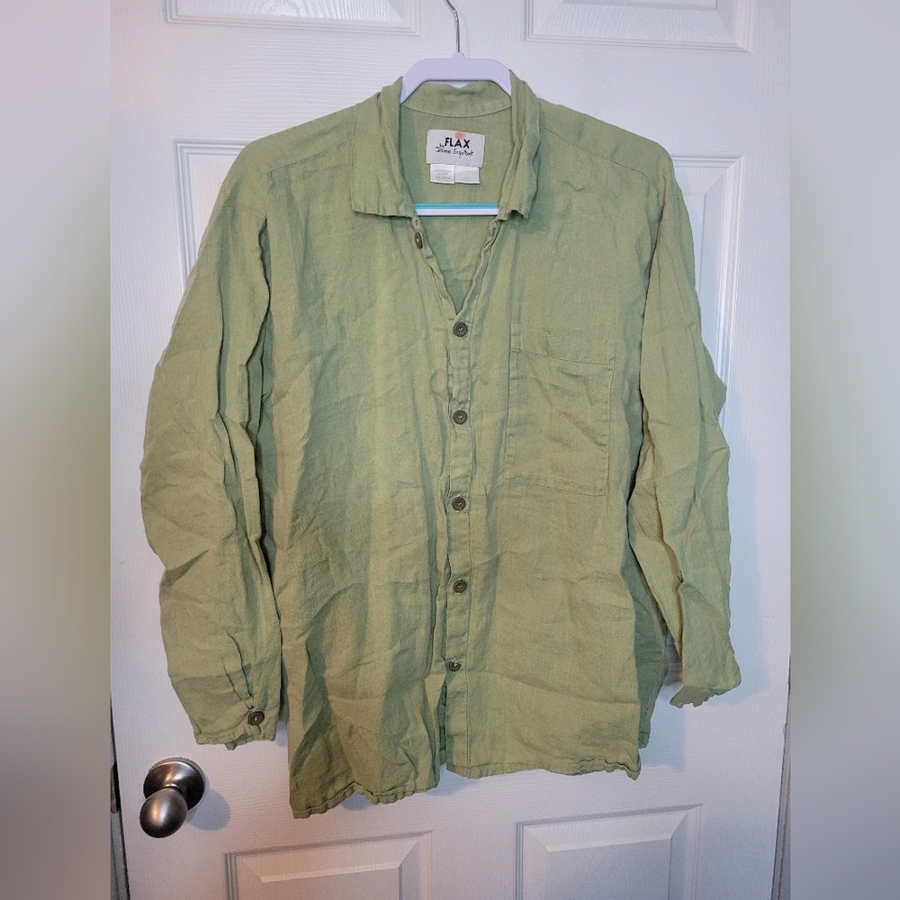 FLAX Size Medium Green 100% Linen Short Sleeve Button Down Shirt Top